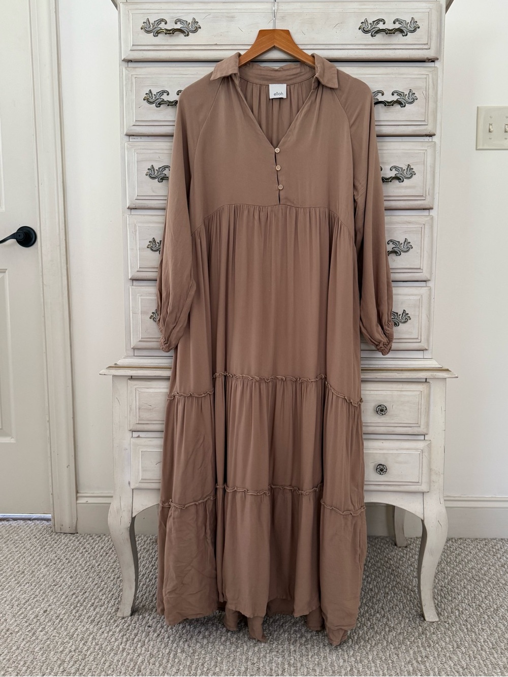 Tan Boho Tiered Pocketed Midi Dress - Picture 2 of 5